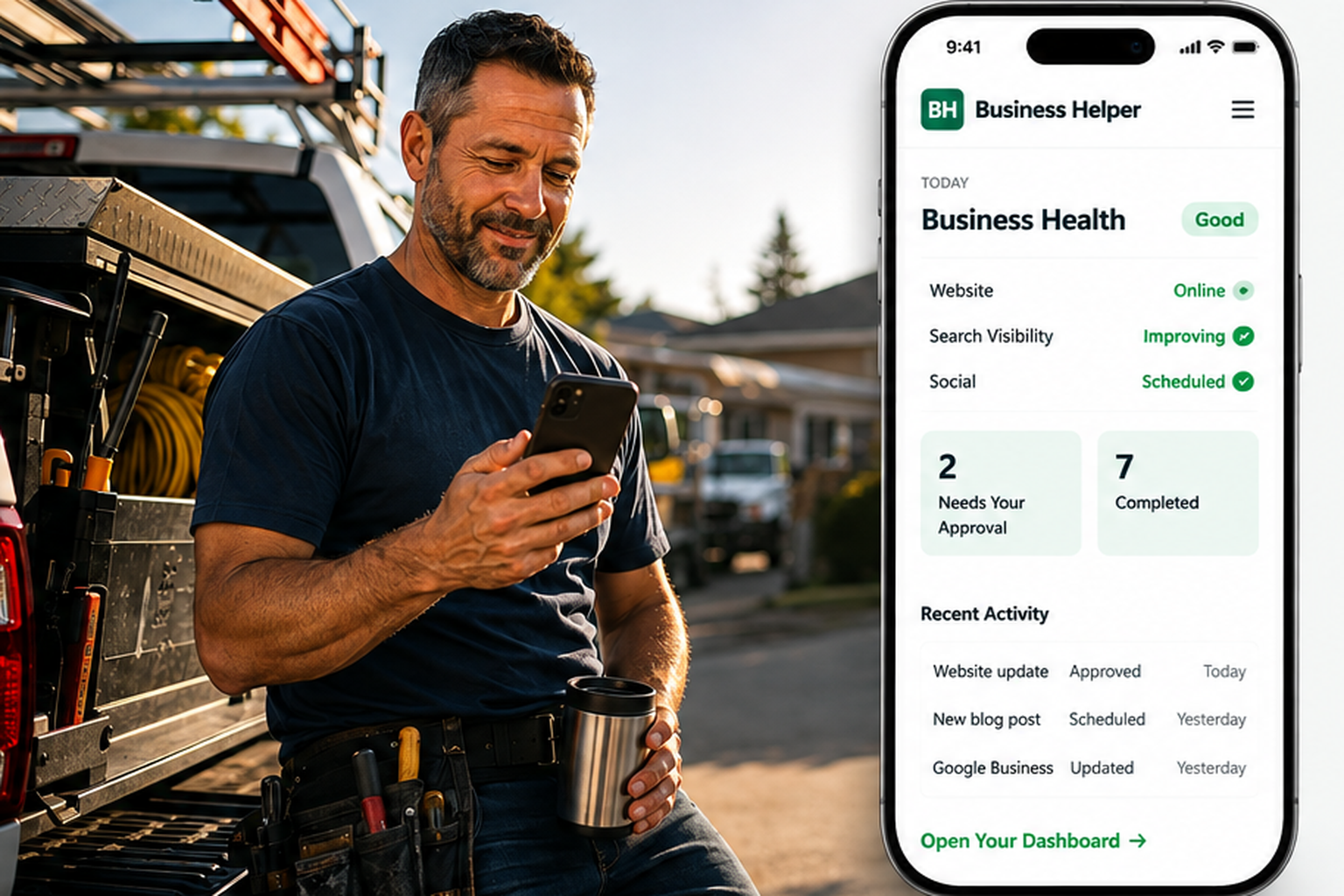 Business owner checking a phone beside a work vehicle
